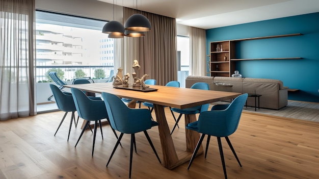 Dining room with wooden table and blue chairs floor