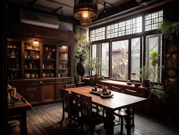 A dining room with a wooden table and chairs and a large window with a potted plant on it.