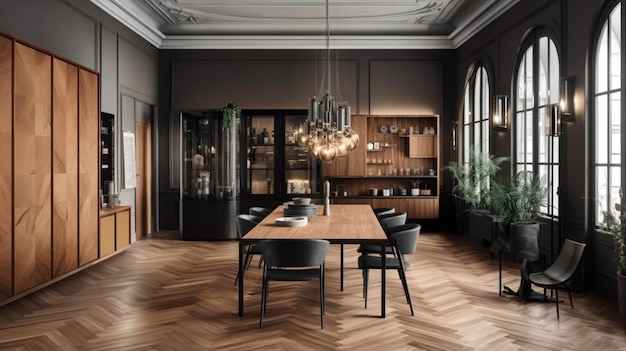 A dining room with a wooden table and chairs and a large window.