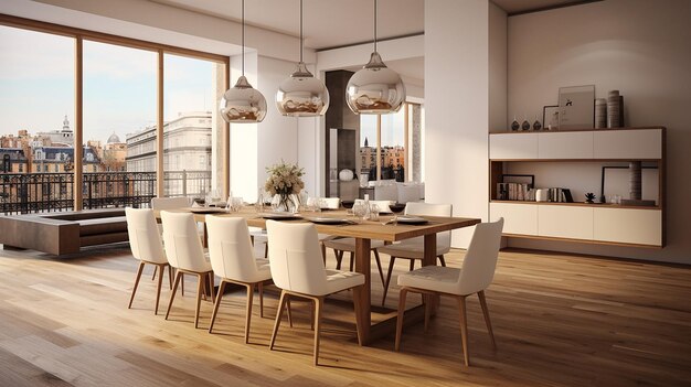 dining room with wooden table and floor in modern apartment