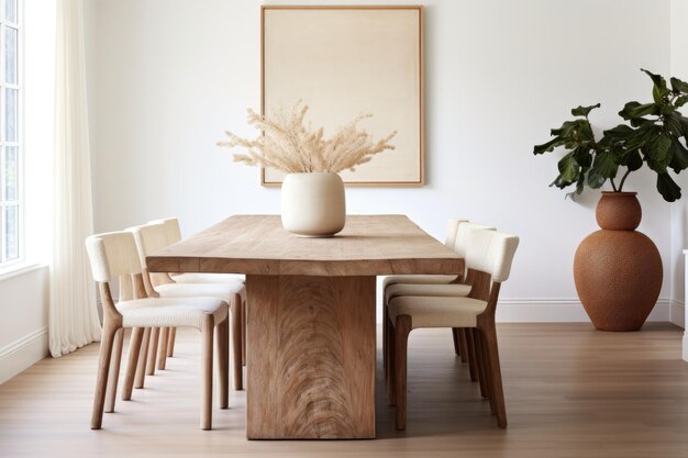 Photo a dining room with a wooden table white chairs and a vase