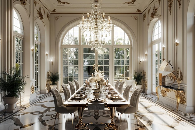 Dining rooms with elegant chandeliers octane rende