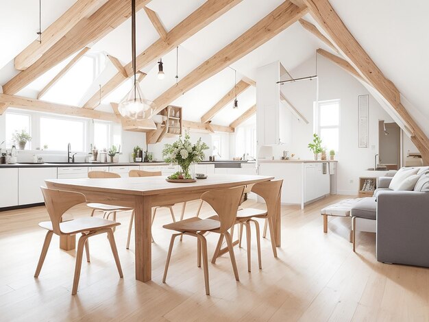 Dining table and chairs in attic with wood beams Scandinavian interior design of modern dining room