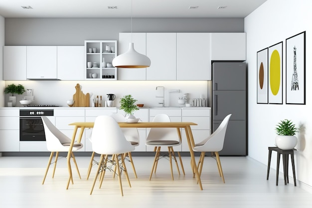 ダイニング テーブル、椅子、白い壁、オークの木の床、流し台、食器類は、ミニマリスト デザイン モデルの明るいオープン キッチン スペースの原則の正面図に見られます。