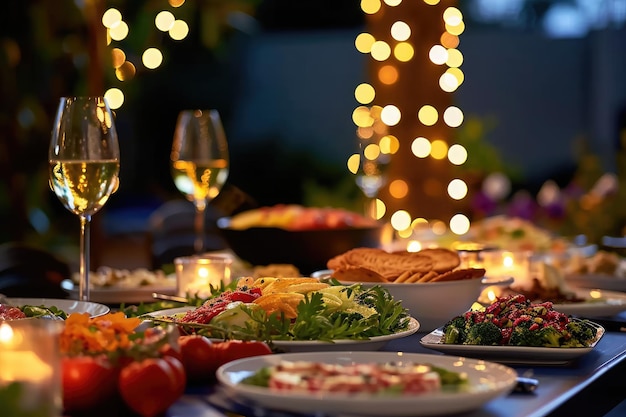 Фото Обеденный стол, полный блюд с едой, напитками и закусками с ночными огнями на фоне боке