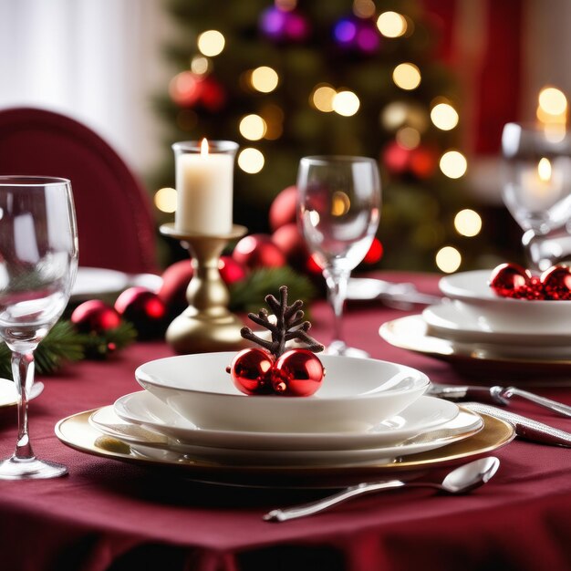 식탁은 크리스마스 날 저녁 식사를 위해 장식되어 있습니다.