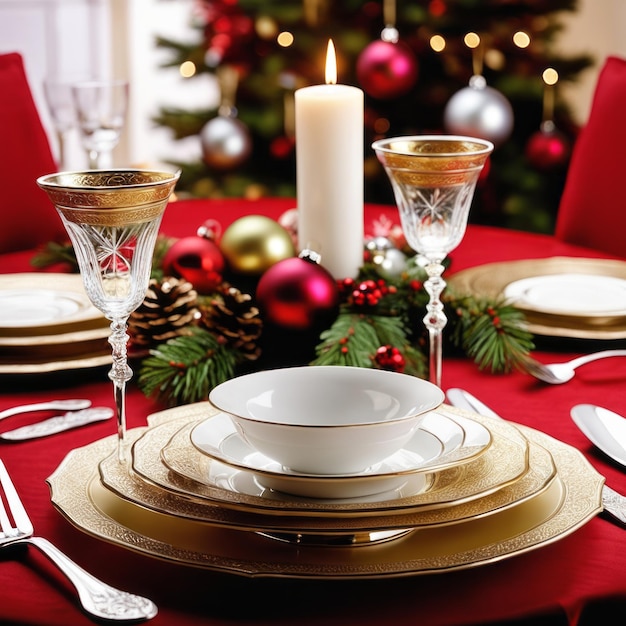 Dining table is decorated for dinner at Christmas Day