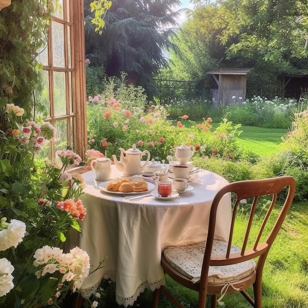 dining table in a lush garden