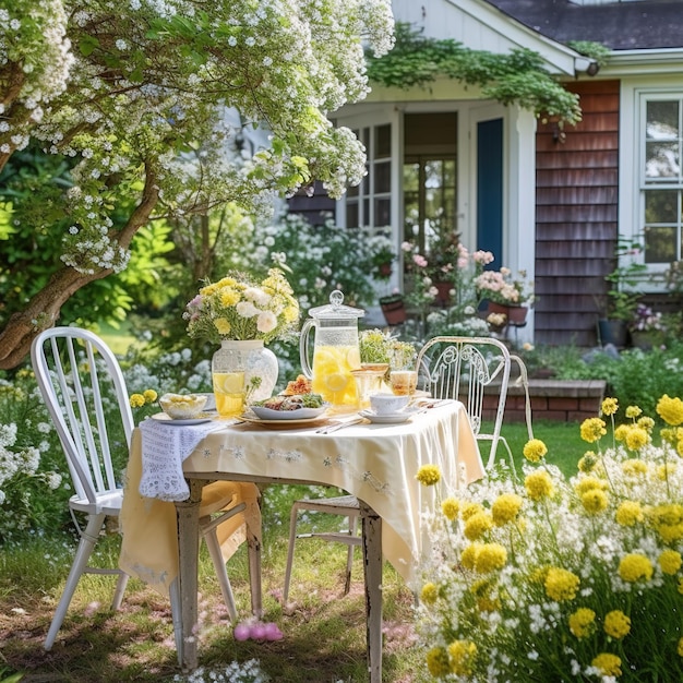 dining table in a lush garden