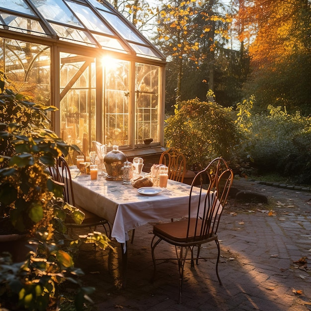 dining table in a lush garden