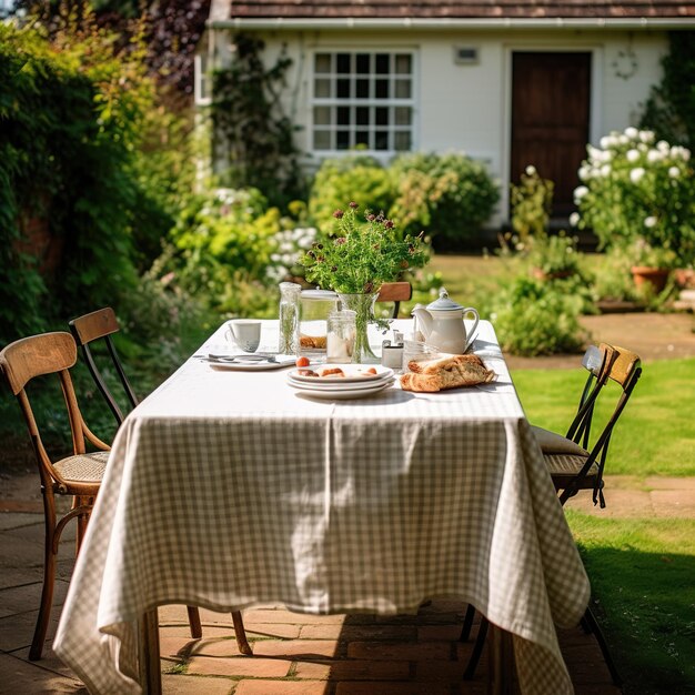 dining table in a lush garden