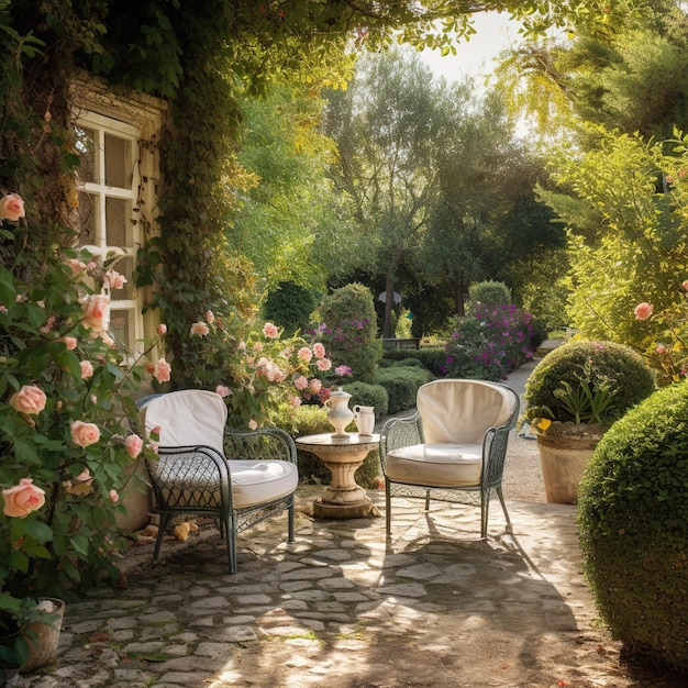 dining table in a lush garden