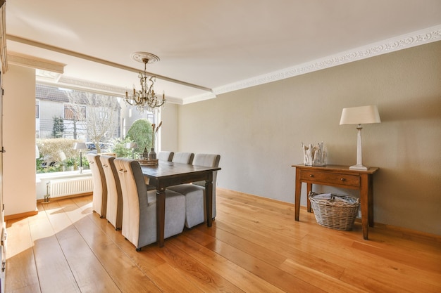 Dining table near opened balcony door