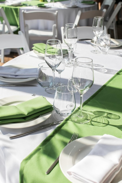 The dining table in the restaurant is prepared for the festive event