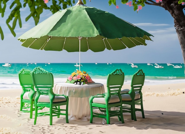 Dining table set decoration with lamp glowing and colors on the beach