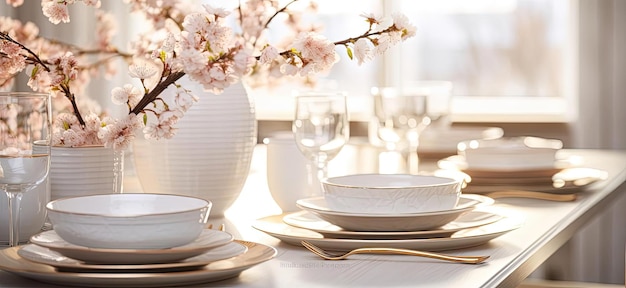 обеденный стол с белыми цветами и золотыми тарелками в светло-сером и розовом стиле