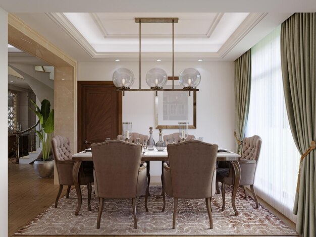 Dining table for six with soft brown chairs and a wooden server table and glass pendant light