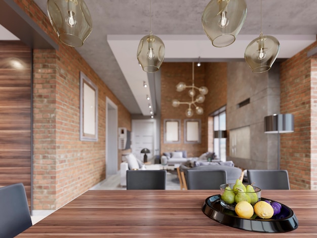 Dining table with decor, black fruit plate. Dining room in modern style in loft design. 3d rendering.