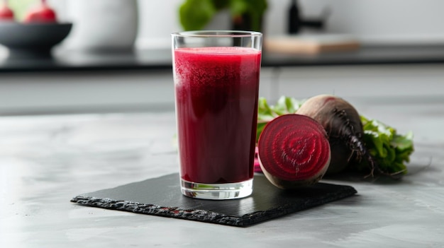 dining table with a glass of beetroot juice and a raw beetroot