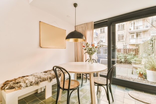 Dining zone with pendant lamp in living room