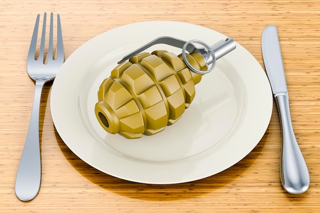 Dinner plate with hand grenade 3D rendering