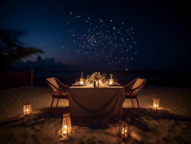 A dinner table on a beach with a starry sky above