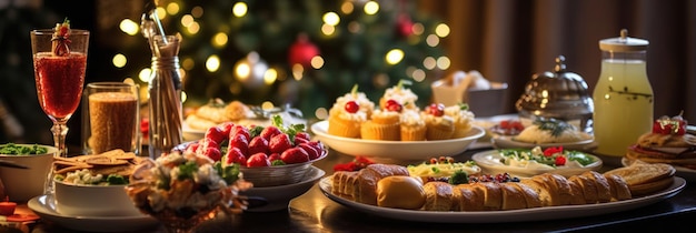 Foto tavolo da cena pieno di piatti con cibo e spuntini decorazione di natale e capodanno con un albero di natale sullo sfondo generativo ai