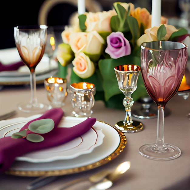 Dinner table set with glass and crockery flower