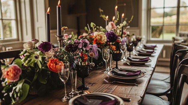 Dinner table setting in the warm glow of candlelight tablescape featuring floral centerpiece elegant burgundy glassware and luxurious gold cutlery