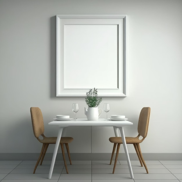 생성 인공 지능 기술을 사용하여 생성된 복사 공간이 있는 벽에 빈 사진 프레임이 있는 식탁