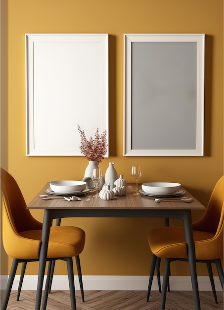 Dinner table with blank photoframes on wall with copy space created using generative ai technology