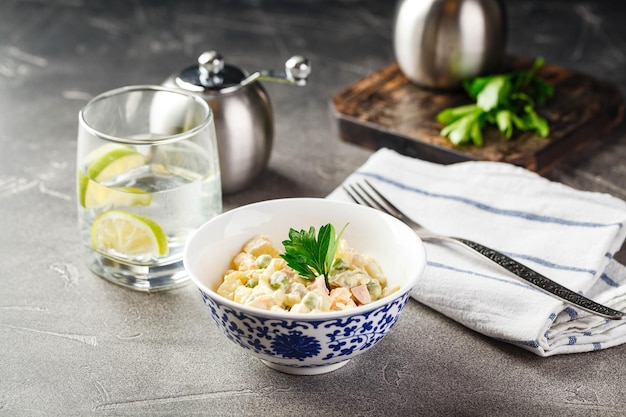 Dinner table with different dishes set menu for nutritious healthy lunch in restaurant business lunch