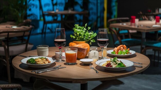 A dinner table with foods and soft drinks in a restaurant