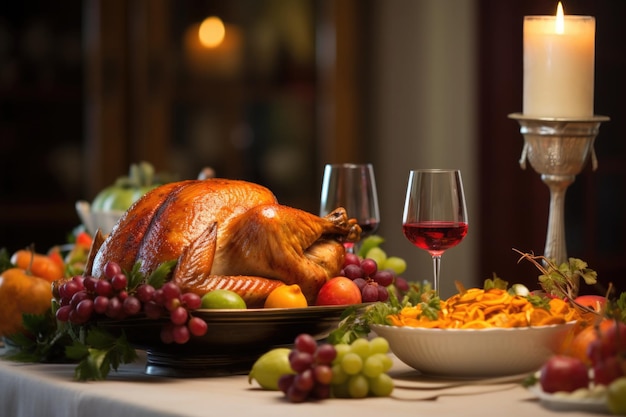 Foto tavolo da pranzo con tacchino arrosto per la celebrazione del ringraziamento pasto tradizionale americano per la vista dall'alto delle vacanze