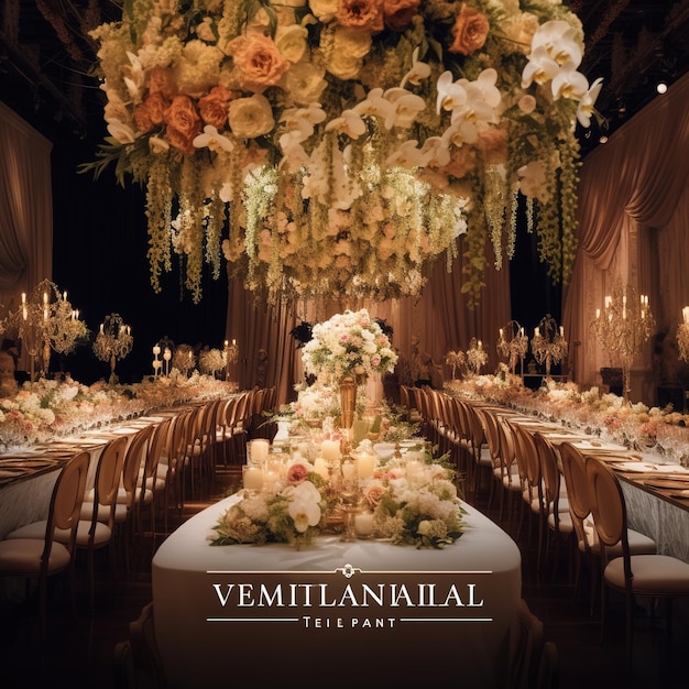 Photo dinner table with sophisticated floral decoration
