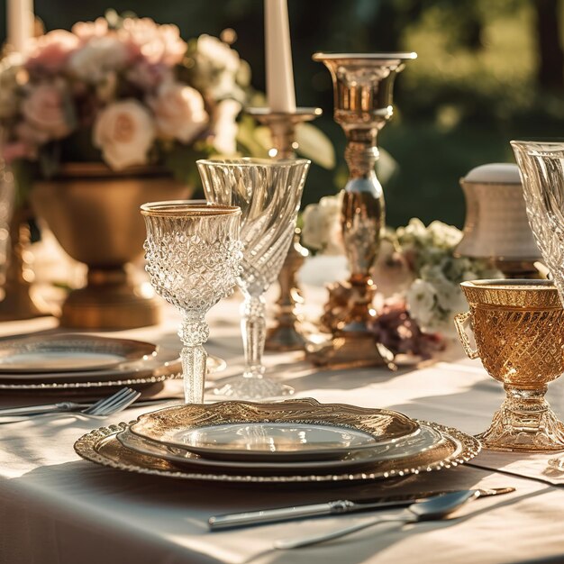 Photo dinner table with sophisticated floral decoration