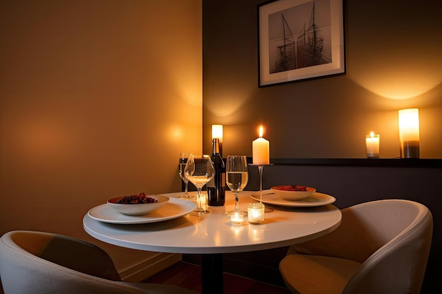 Ужин на двоих с вином при свечах в современной столовой