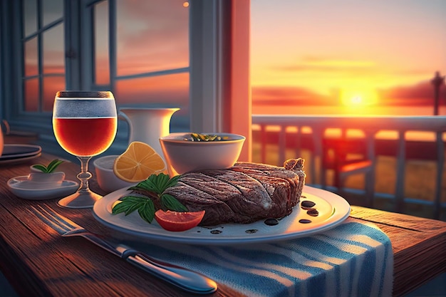 Dinner on the veranda of the house on the river embankment at a romantic sunset Generative AI