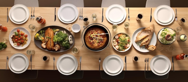 위 에서 볼 수 있는 테이블 위 에 있는 가족 요리 들 과 함께 저녁 식사
