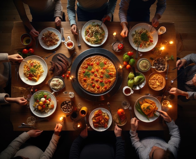 たくさんの食べ物を備えた大きなテーブルで友人と夕食