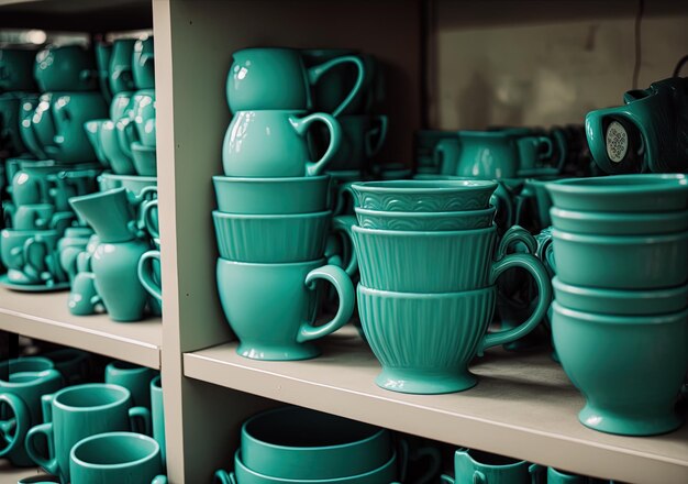 店の棚に展示されているいくつかのターコイズグリーン製セラミックのカップを含む家用の食器