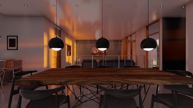 Dinning room design interior inspiration with hanging lamp 3d\
illustration