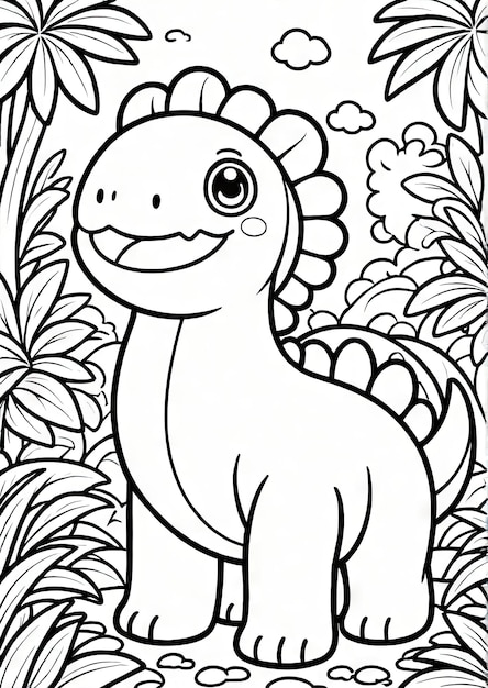 Foto dino discovery cute kawaii dinosaur pagina da colorare nell'ambientazione della giungla generata da ai