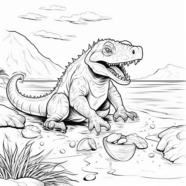 Dino Feasts A Fishy Encounter in Monochrome