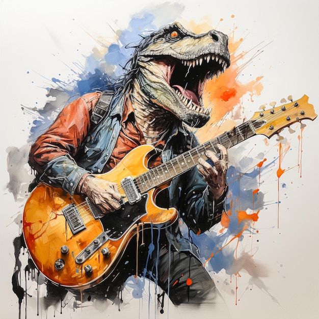 Dino rocker plays electric guitar in splashes of avkarel paint