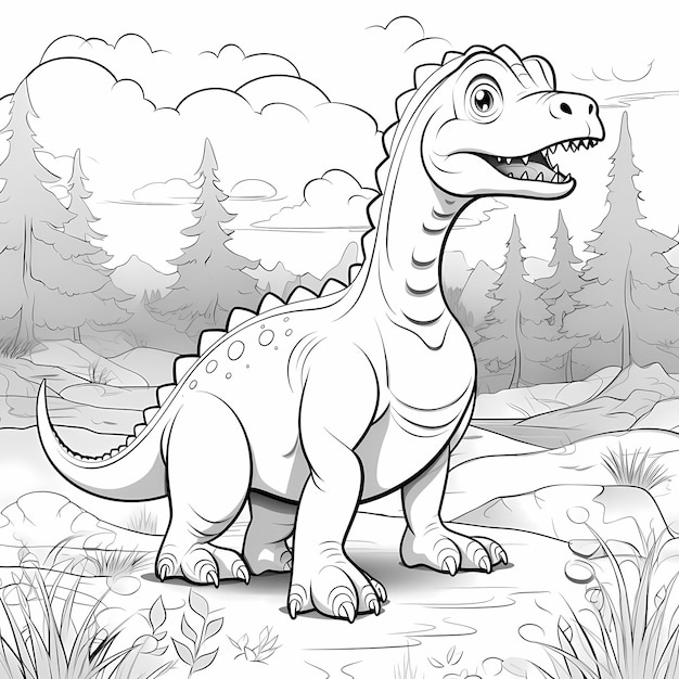 Dino Wonderland Kids Coloring Page with Trees Lake Clouds and Minimal Detail