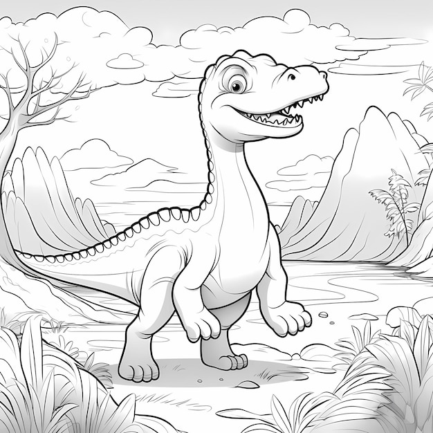 Dino Wonderland Kids Coloring Page with Trees Lake Clouds and Minimal Detail