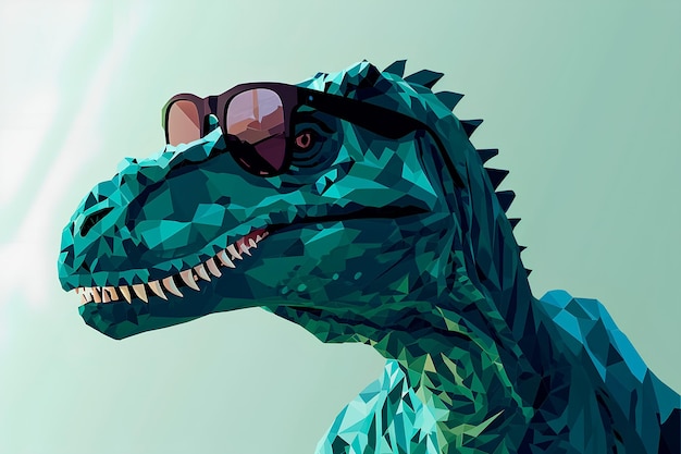 A dinosaur adorned with sunglasses set against a solidcolored background rendered in vector art