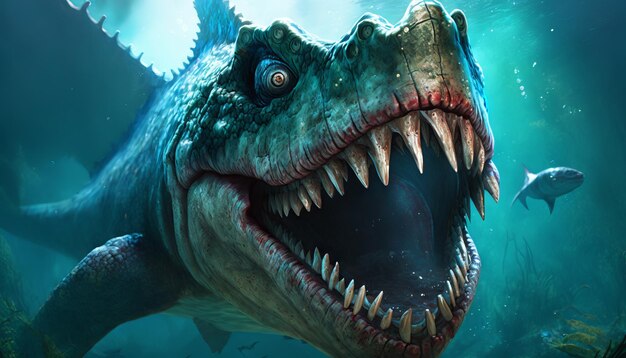 Dinosaur in the aquarium closeup Generative AI illustration