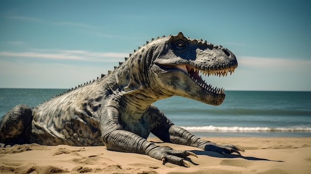 A dinosaur on a beach with the ocean in the background